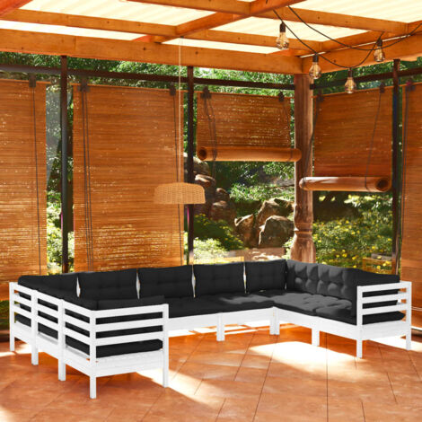 Gartenmöbelset 9-teilig mit weißen Kissen aus Kiefernholz