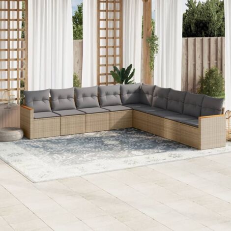 Gartenmöbelset mit 9 Kissen, meliertes Beige, aus geflochtenem Kunststoff