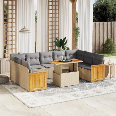 Gartenmöbelset mit Kissen 10 Teile beige Geflecht
