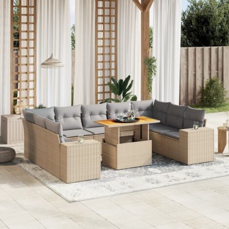 Gartenmöbelset mit Kissen 10 Teile Beige Geflochtene Rattan