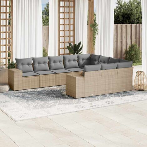 Gartenmöbelset mit Kissen 10 Teile beige, geflochtenes Harz