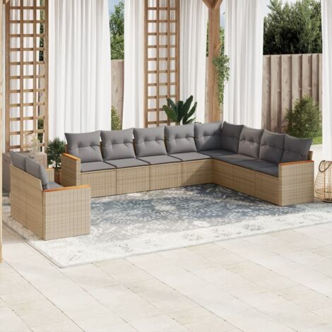 Gartenmöbelset mit Kissen 10 Teile beige gemischt aus geflochtener Kunstfaser