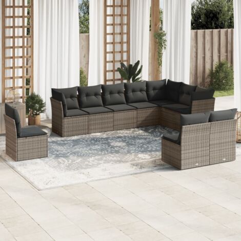 Gartenmöbelset mit Kissen 10 Teile Grau Geflecht