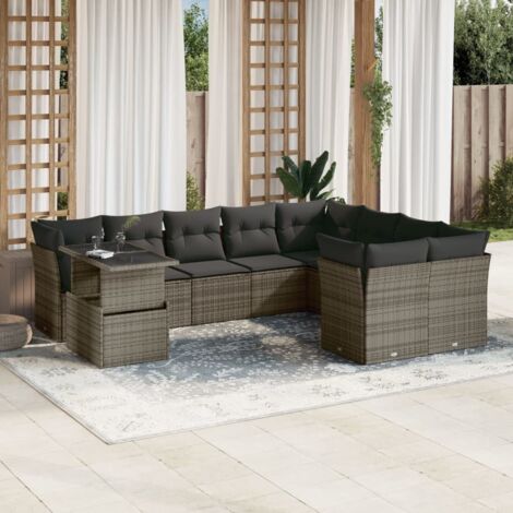 Gartenmöbelset mit Kissen 10 Teile grau Geflecht