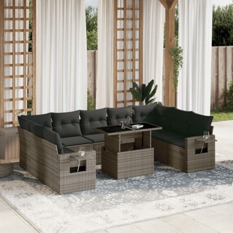 Gartenmöbelset mit Kissen 10 Teile Grau Geflecht