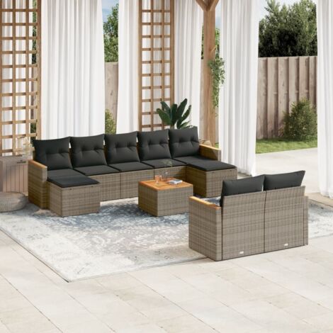 Gartenmöbelset mit Kissen 10 Teile grau geflochtene Rattan