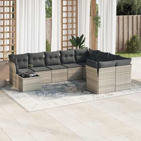 Gartenmöbelset mit Kissen 10 Teile grau hell Geflecht