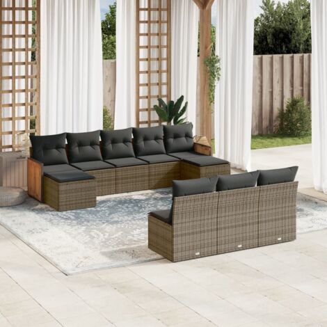 Gartenmöbelset mit Kissen 10 Teile grau Rattan