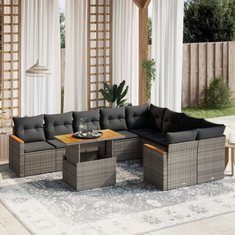 Gartenmöbelset mit Kissen 10 Teile grau Rattan