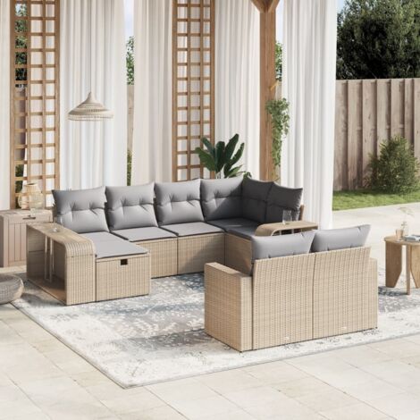 Gartenmöbelset mit Kissen 10-teilig beige geflochtene Rattan