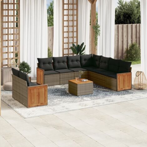 Gartenmöbelset mit Kissen 10-teilig grau Geflecht