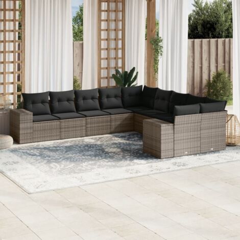 Gartenmöbelset mit Kissen 10-teilig grau geflochtene Rattan