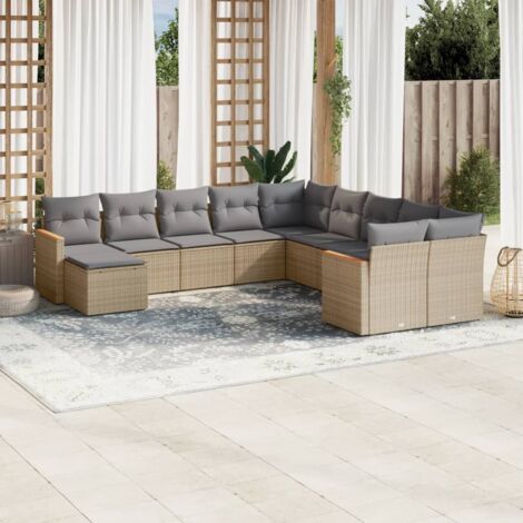 Gartenmöbelset mit Kissen 11 Teile beigem Rattan-Mix