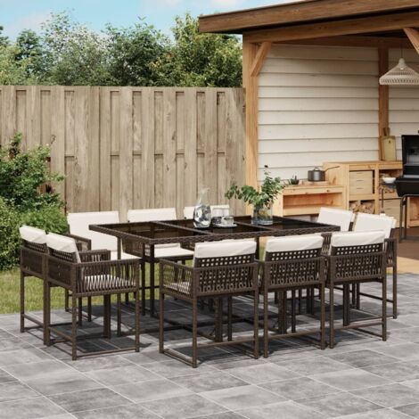 Gartenmöbelset mit Kissen 11 Teile braun Rattan