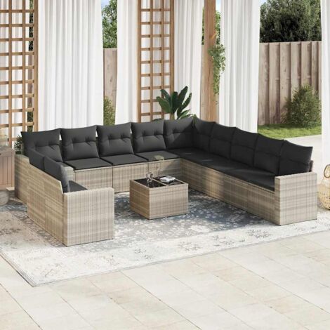 Gartenmöbelset mit Kissen 12 Stück hellgrau Rattan
