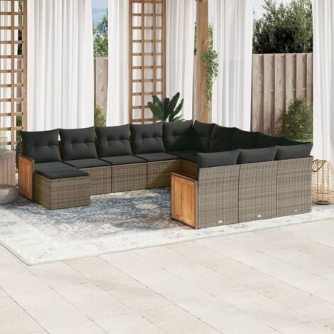 Gartenmöbelset mit Kissen 12 Teile Grau Rattan