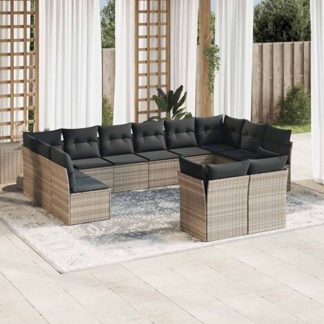 Gartenmöbelset mit Kissen 12 Teile hellgrau Rattan