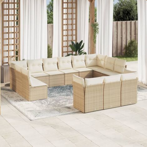 Gartenmöbelset mit Kissen 13 Teile beige aus geflochtener Kunstharz