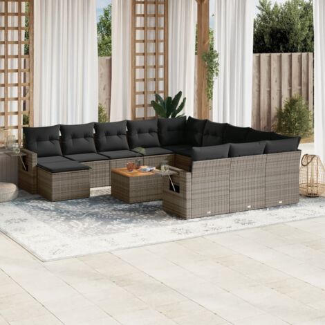 Gartenmöbelset mit Kissen 13 Teile Grau Geflochtene Rattan