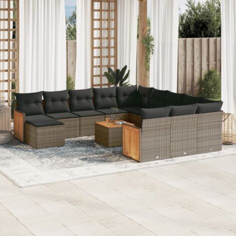 Gartenmöbelset mit Kissen 13 Teile Grau Kunststoffgeflecht