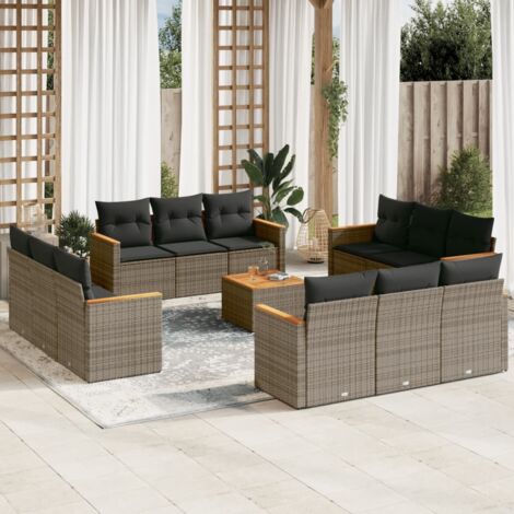 Gartenmöbelset mit Kissen 13 Teile grau Rattan