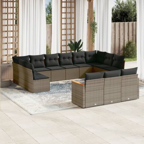 Gartenmöbelset mit Kissen 13 Teile Grau Rattan
