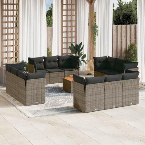 Gartenmöbelset mit Kissen 13 Teile grau Rattan