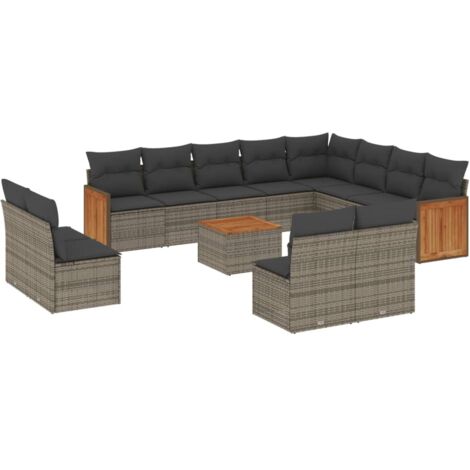 Gartenmöbelset mit Kissen 13 Teile grau Rattan