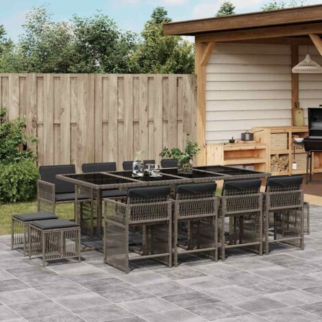 Gartenmöbelset mit Kissen 13 Teile Grau Rattan