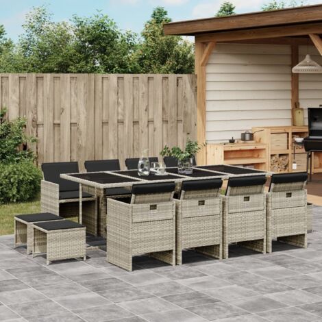 Gartenmöbelset mit Kissen 13 Teile Hellgrau Rattan