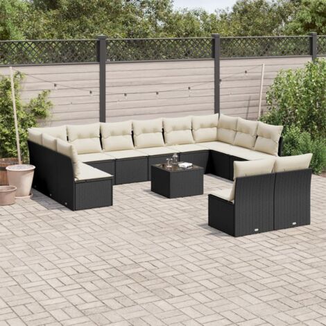 Gartenmöbelset mit Kissen 13 Teile schwarz Geflecht