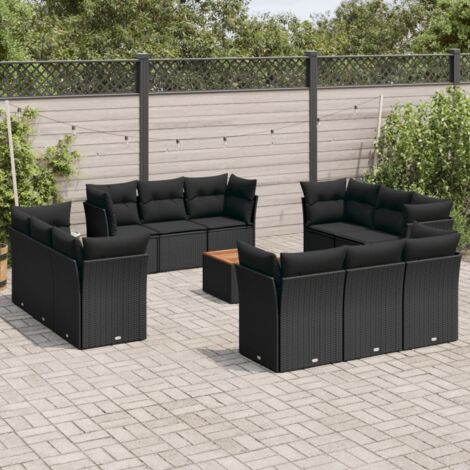 Gartenmöbelset mit Kissen 13 Teile Schwarz Geflecht