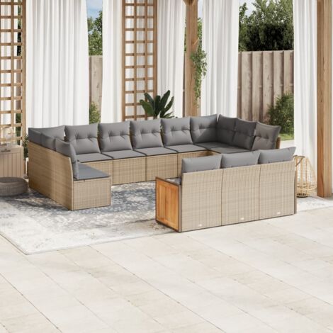 Gartenmöbelset mit Kissen 13-teilig beige, geflochtene Kunstharz