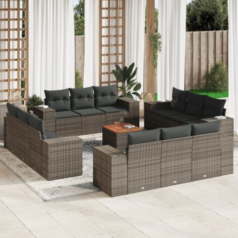 Gartenmöbelset mit Kissen 13 Teilig Grau Geflecht