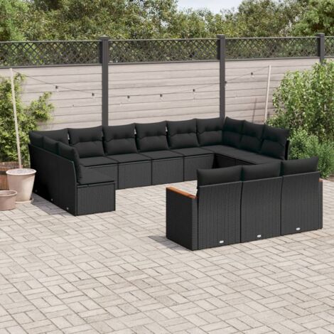 Gartenmöbelset mit Kissen 13-teilig in Schwarz aus Geflecht