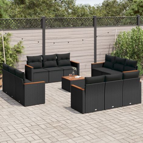 Gartenmöbelset mit Kissen 13-teilig Schwarz Geflecht