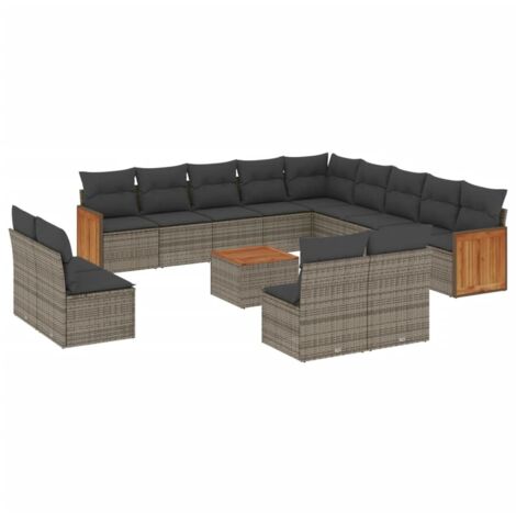 Gartenmöbelset mit Kissen 14 Teile grau geflochtene Rattan