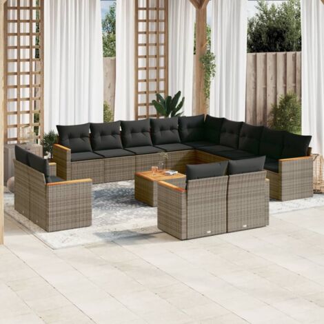 Gartenmöbelset mit Kissen 14 Teile grau Rattan