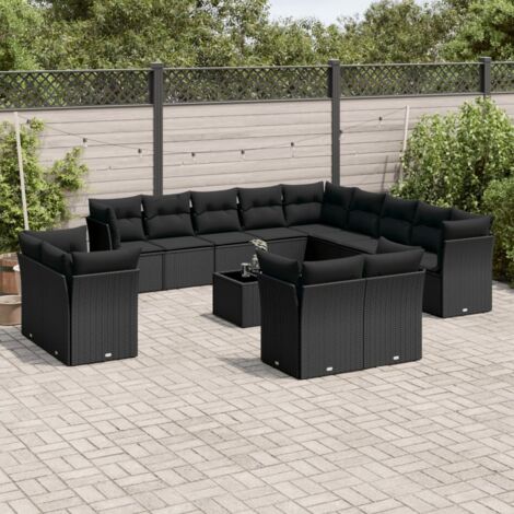 Gartenmöbelset mit Kissen 14 Teile schwarz Geflecht