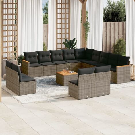 Gartenmöbelset mit Kissen 14 Teilig Grau Geflecht