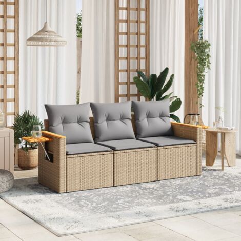 Gartenmöbelset mit Kissen 3 pcs Beige Geflecht