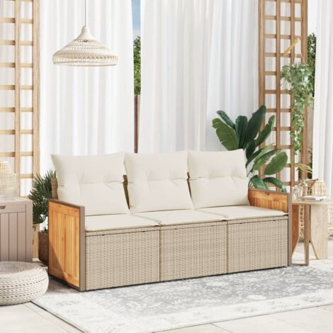 Gartenmöbelset mit Kissen 3-teilig beige Geflecht