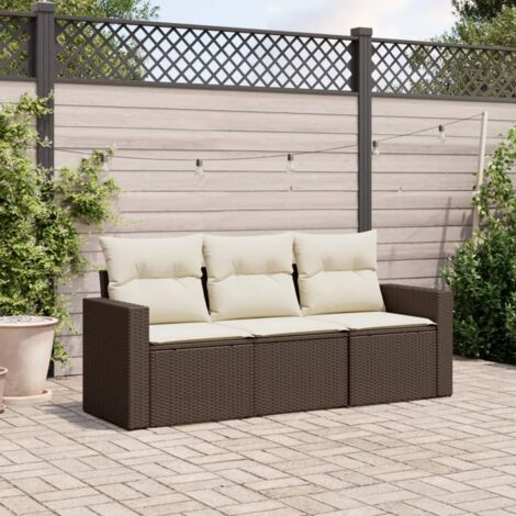 Gartenmöbelset mit Kissen 3-teilig braun geflochtene Kunststoffe