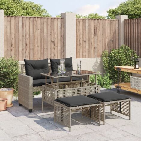 Gartenmöbelset mit Kissen 4 Teile Grau Poly Rattan Glas
