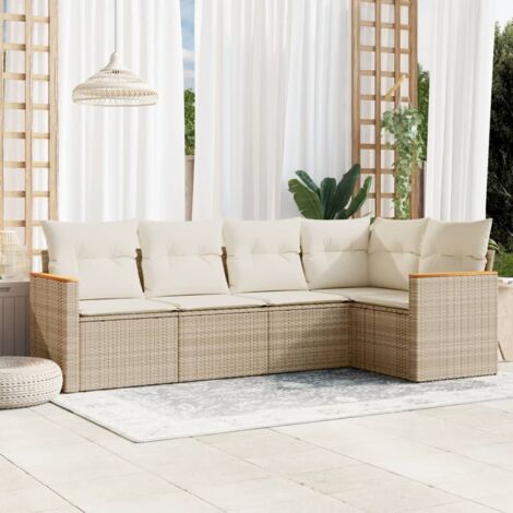 Gartenmöbelset mit Kissen 5 Stück beige geflochtene Kunstharz