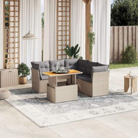 Gartenmöbelset mit Kissen 5 Teile beige Rattangeflecht