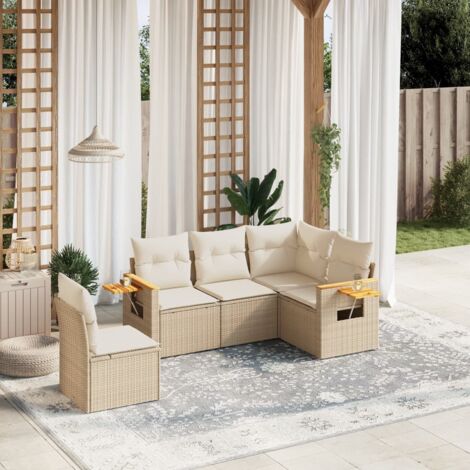Gartenmöbelset mit Kissen 5-teilig beige aus Geflecht