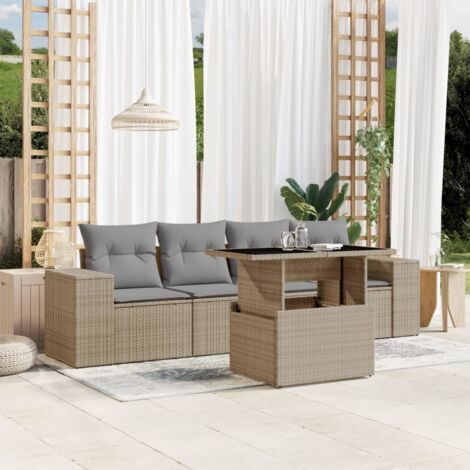Gartenmöbelset mit Kissen 5-teilig beige Geflecht