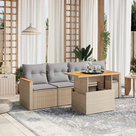 Gartenmöbelset mit Kissen 5-teilig beige geflochtene Harz