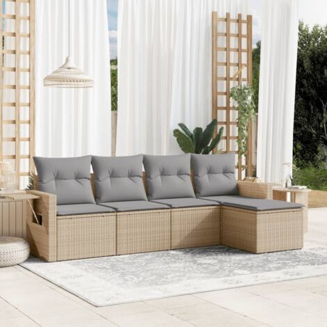 Gartenmöbelset mit Kissen 5-teilig Beige, Geflochtene Kunststoffrattan